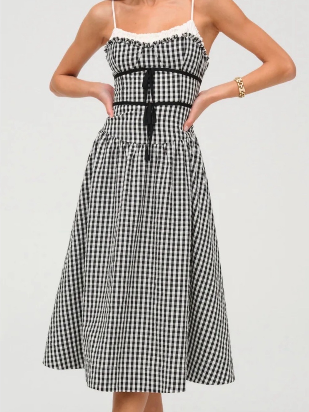 For Love & Lemons Georgia Gingham Midi Dress Black White Size S